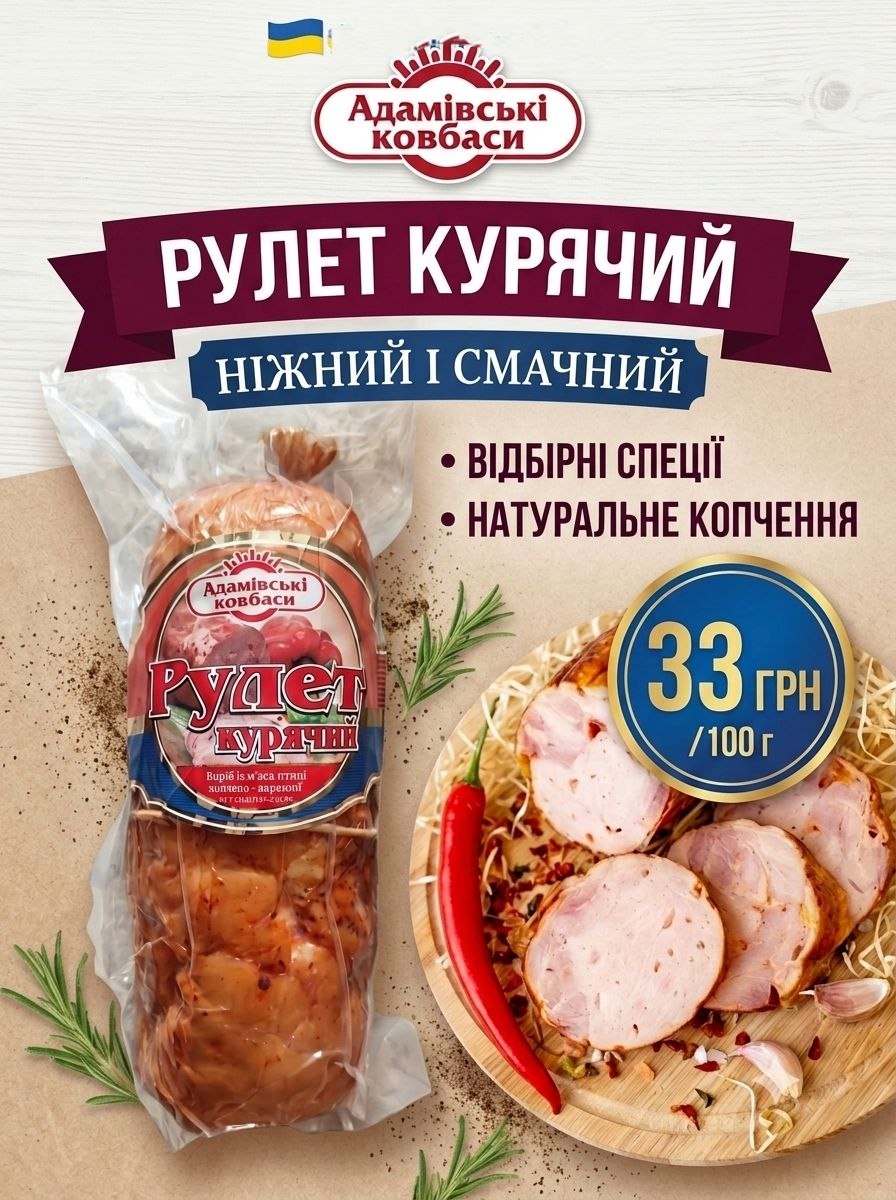 Адамівські ковбаси - Рулет з курятини, птиця копчено - варена, 100г