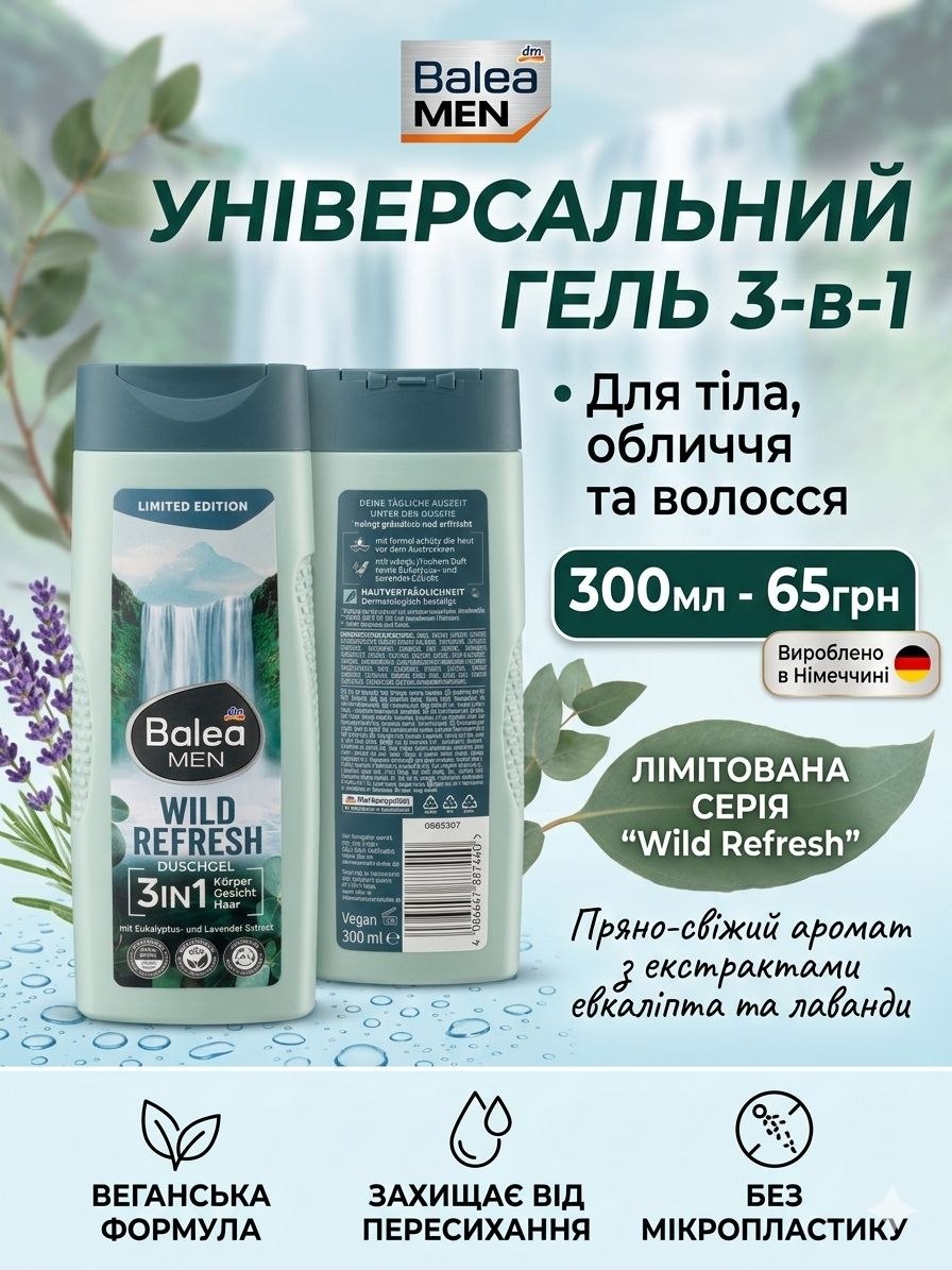 BALEA MEN 3в1 для чоловіків Wild Refresh, 300мл