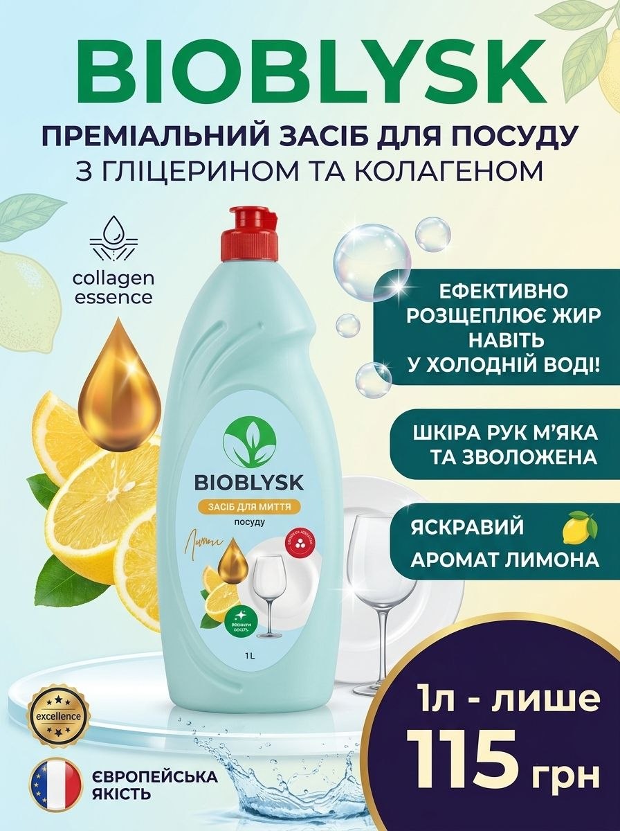 BioBlysk Лимон засіб д/миття посуду, з гліцерином 1л