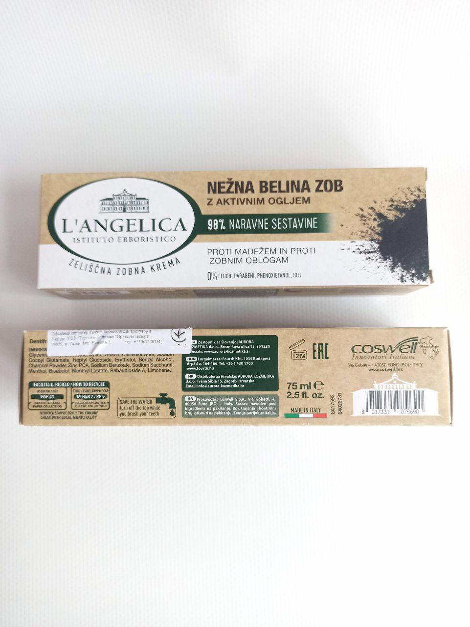 L`Angelica activ carbon 75мл, зубна паста з вугіллям, відбілююча